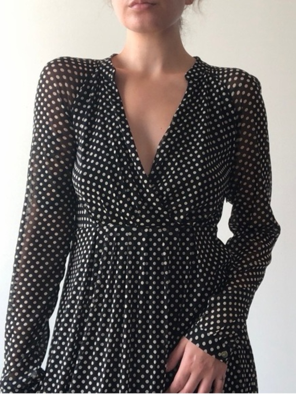 BCBG Polka Dot Black and White V-Neck Long Sleeve Dress
